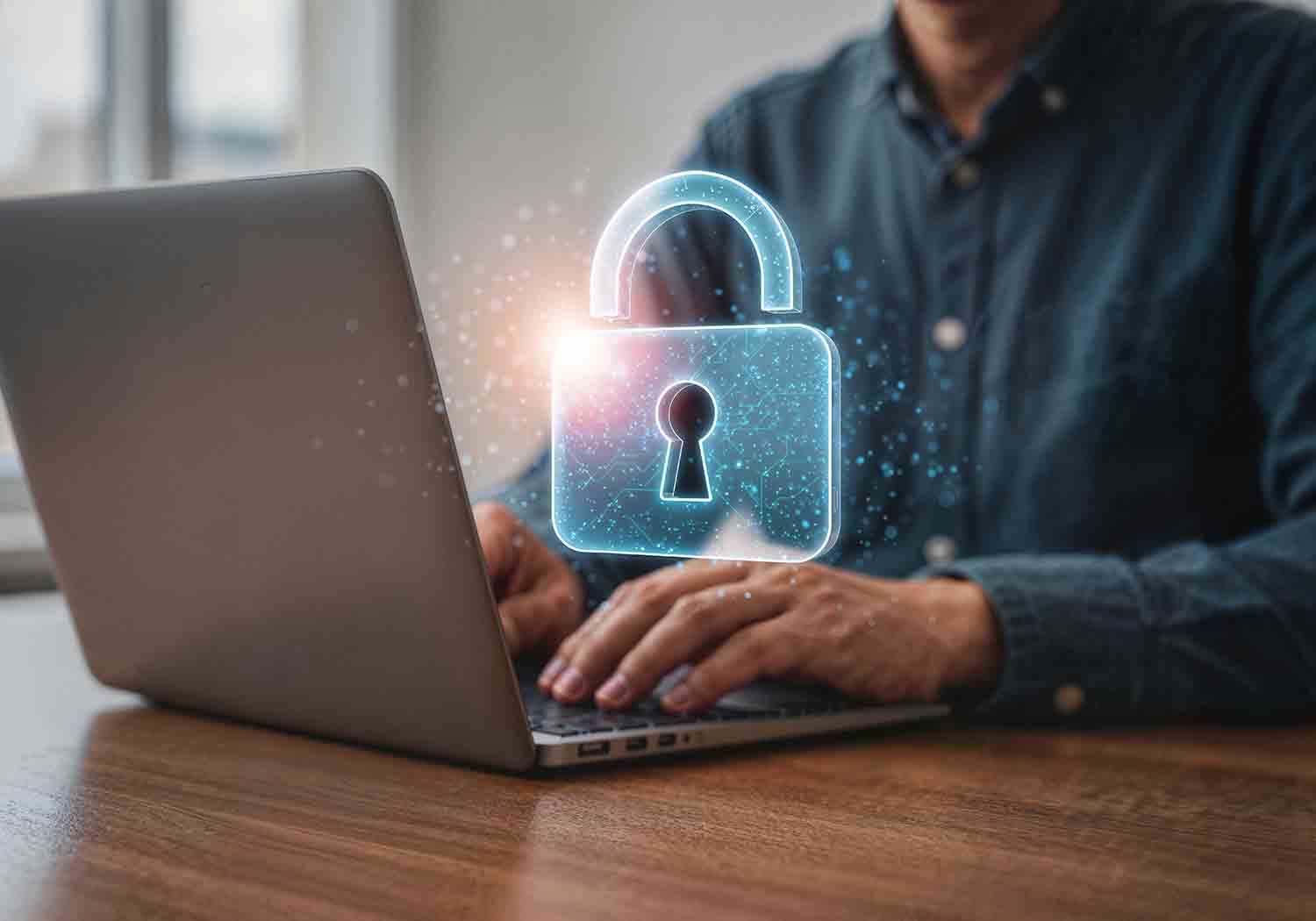 A business owner working securely on a laptop protected by managed cybersecurity